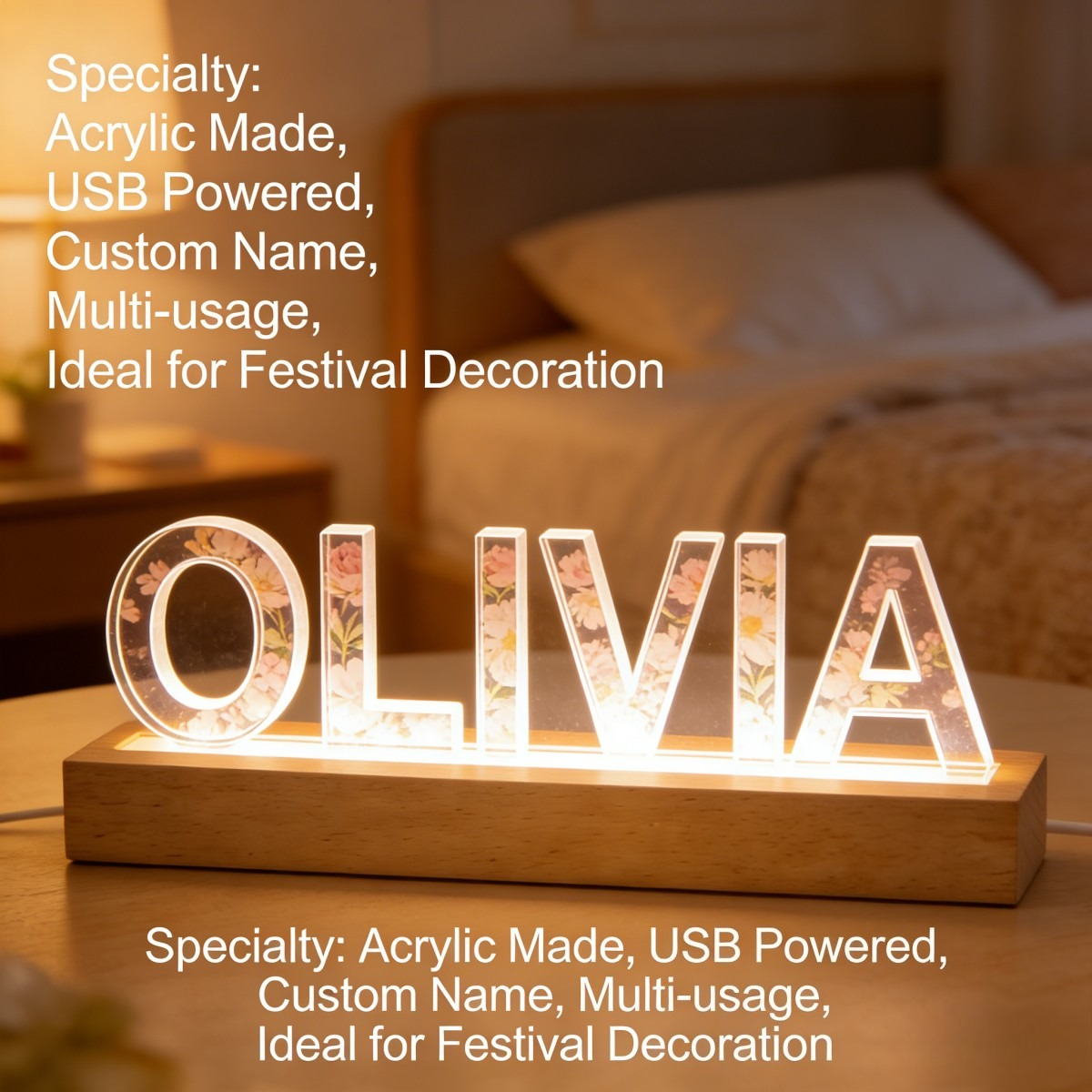 Home Decor Lamp - 1pc Custom Text Floral Acrylic LED