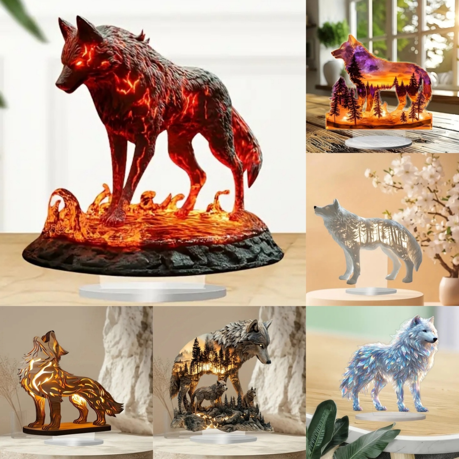 Home Decor Kit - Flame Wolf Statue,2D Flat Acrylic Figurine,Home,Office,studio,Cafe,room,display
